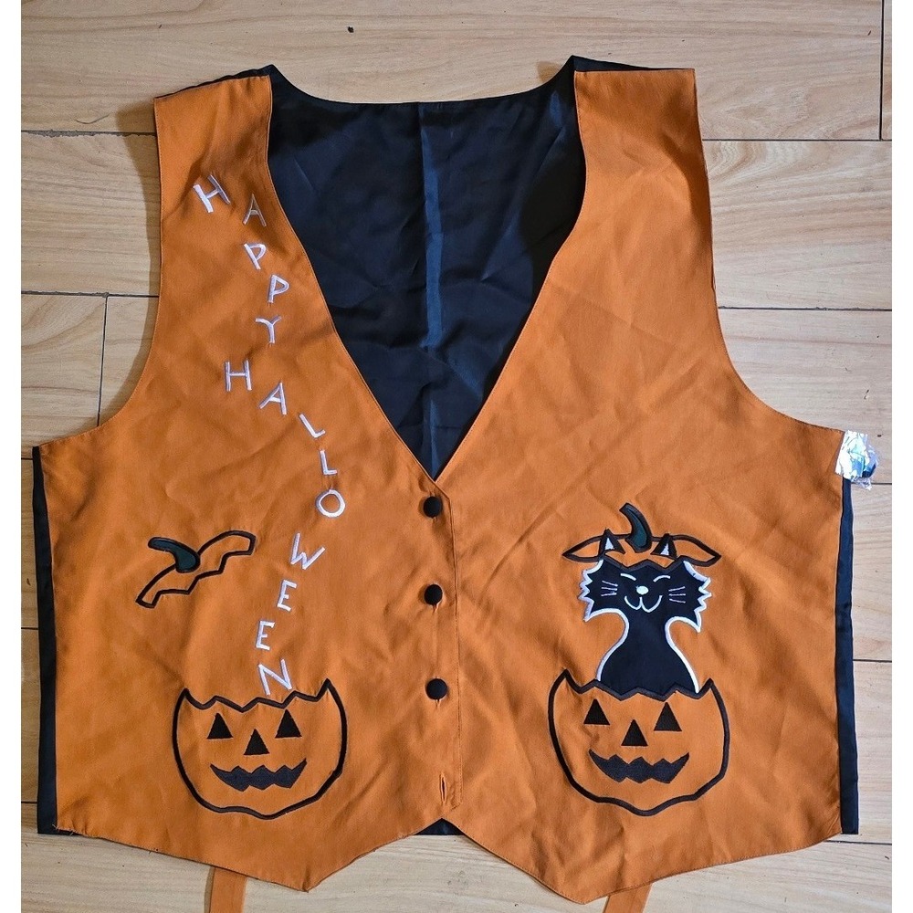 Vintage Halloween Silk Vest XXL Orange Embroidered Black Cat Pumpkin Spooky NWOT